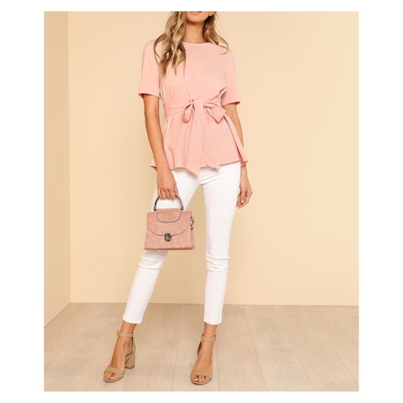 Blush Pink Short Sleeve Self Tie Blouse - Picture 5 of 5